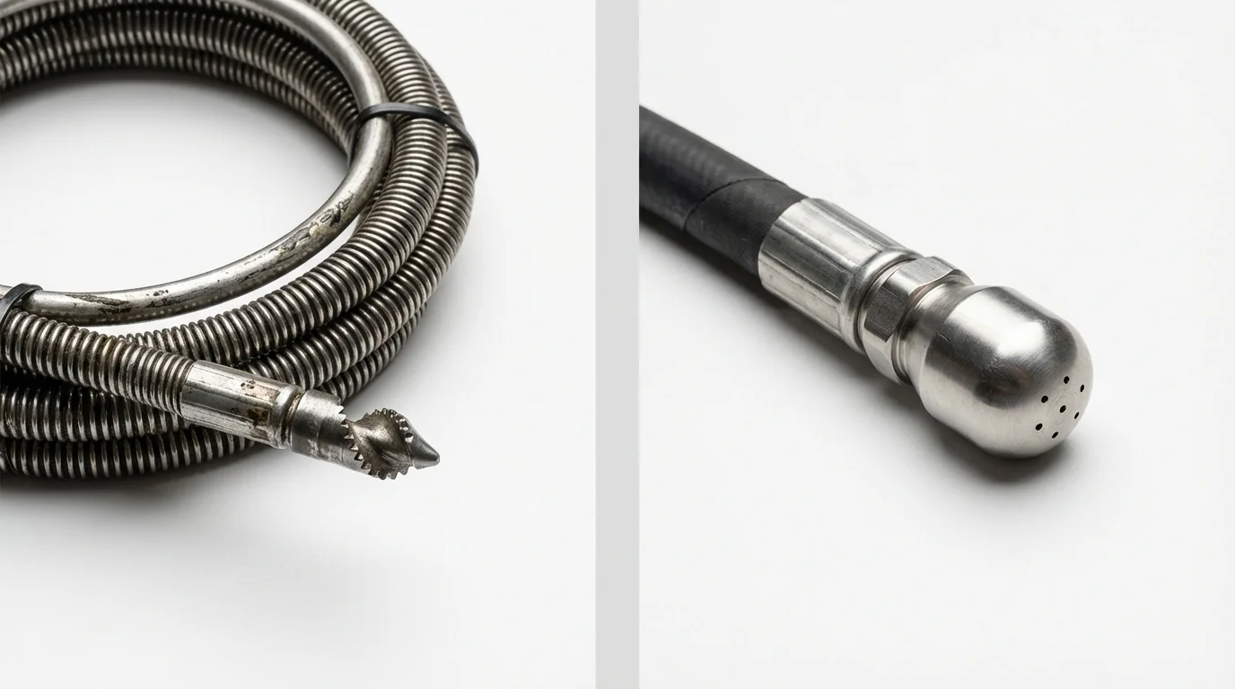 Drain snake cable and hydro jetting nozzle used for drain cleaning in New Boston, NH