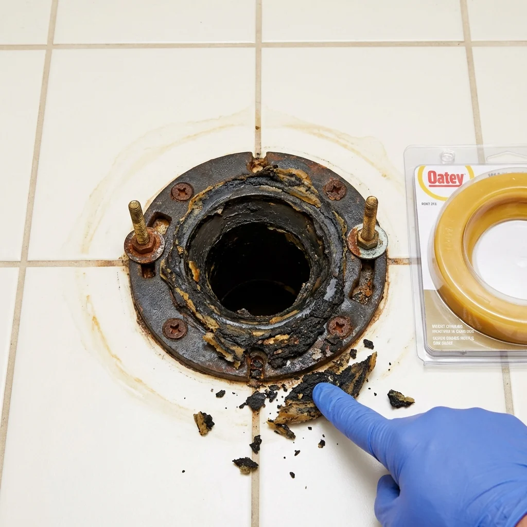Failed wax ring showing water seepage at the base of a toilet in a New Boston, NH home