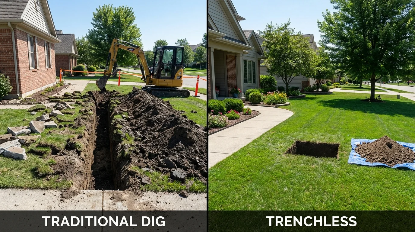 Trenchless sewer repair with minimal yard damage versus traditional excavation in New Boston, NH