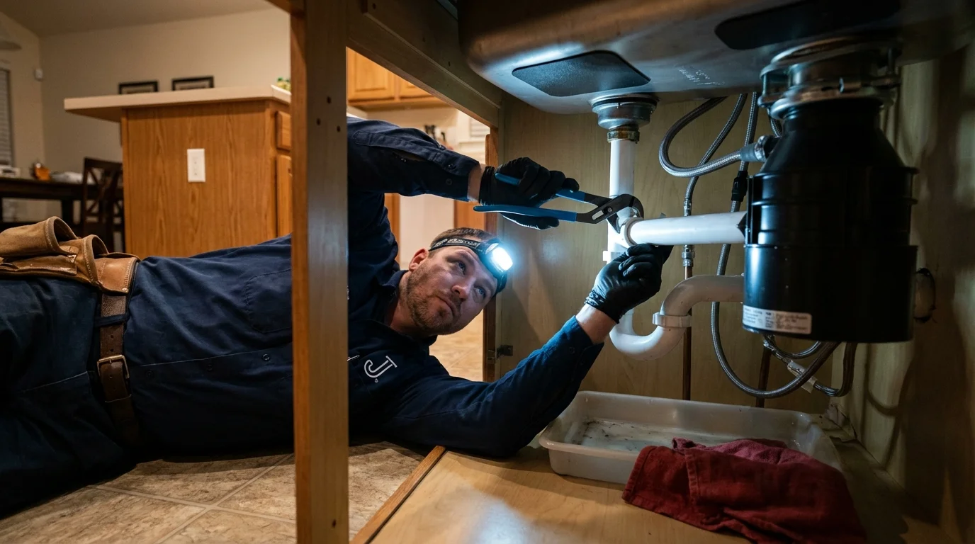 P-trap and supply line connections under a kitchen sink showing a common leak point in New Boston, NH